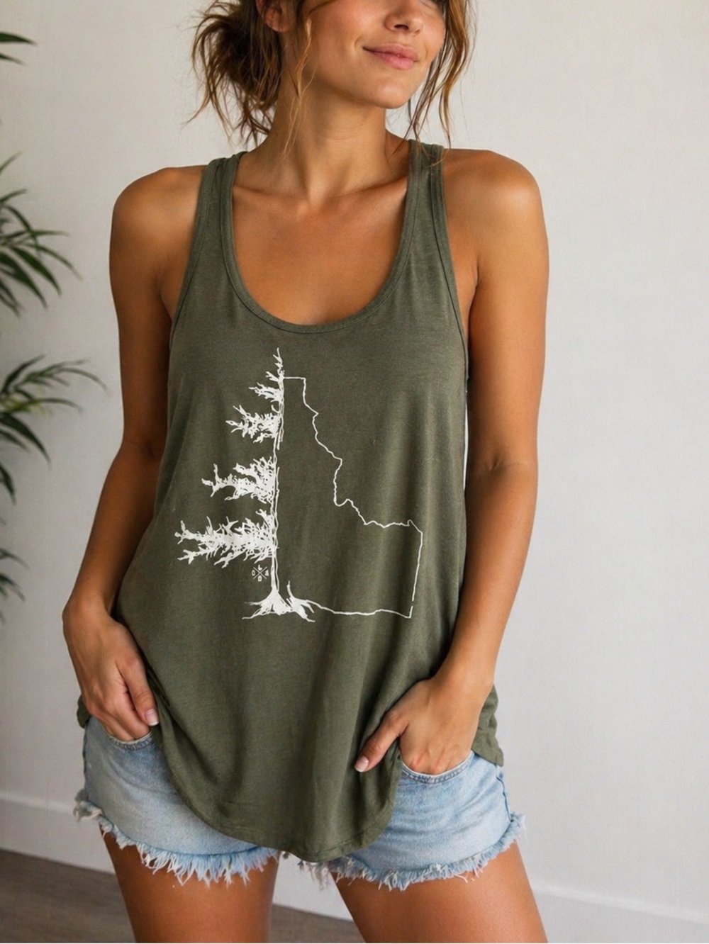 Bella Canvas Olive Green Racerback Tank with Idaho Pine Tree
